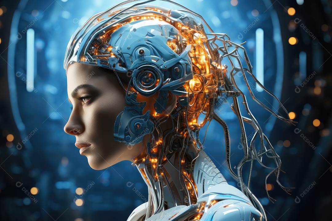 Tecnologia e inteligência artificial a garota ciborgue vem do mundo futuro gerado por IA