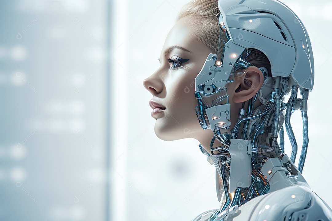 Tecnologia e inteligência artificial a garota ciborgue vem do mundo futuro gerado por IA