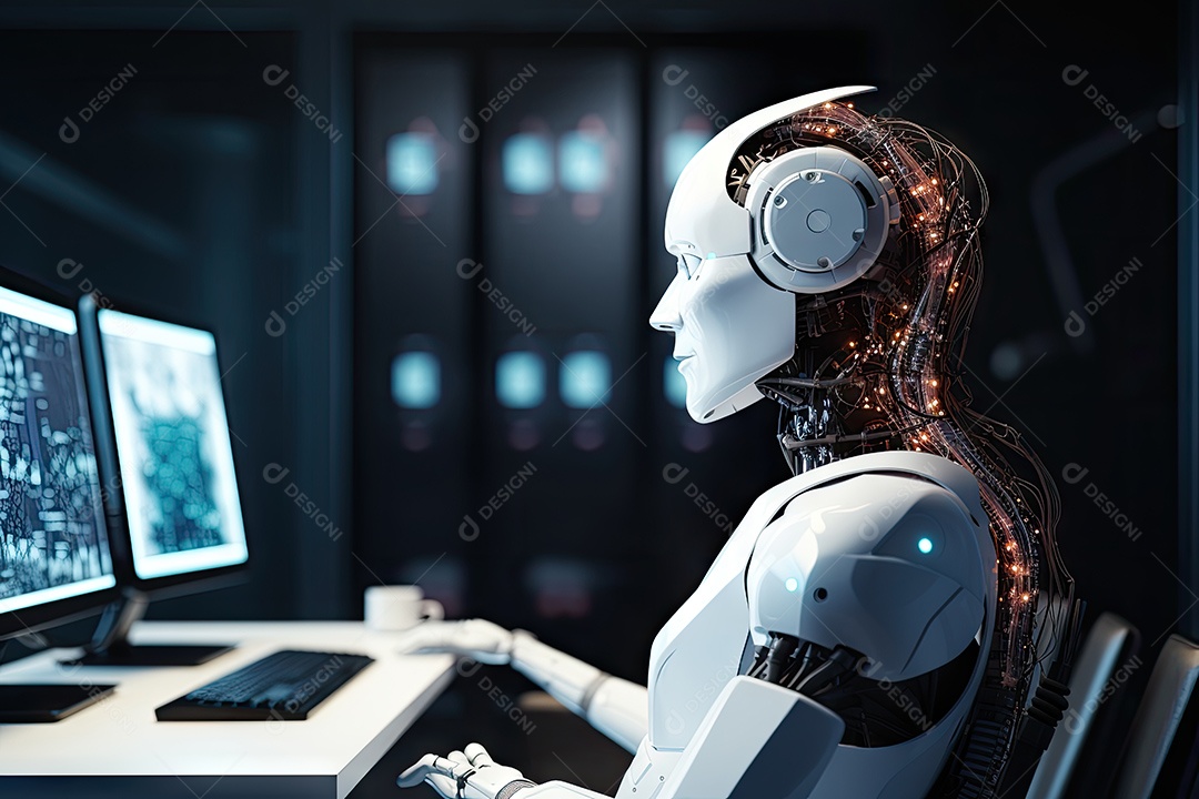 Tecnologia e inteligência artificial a garota ciborgue vem do mundo futuro gerado por IA