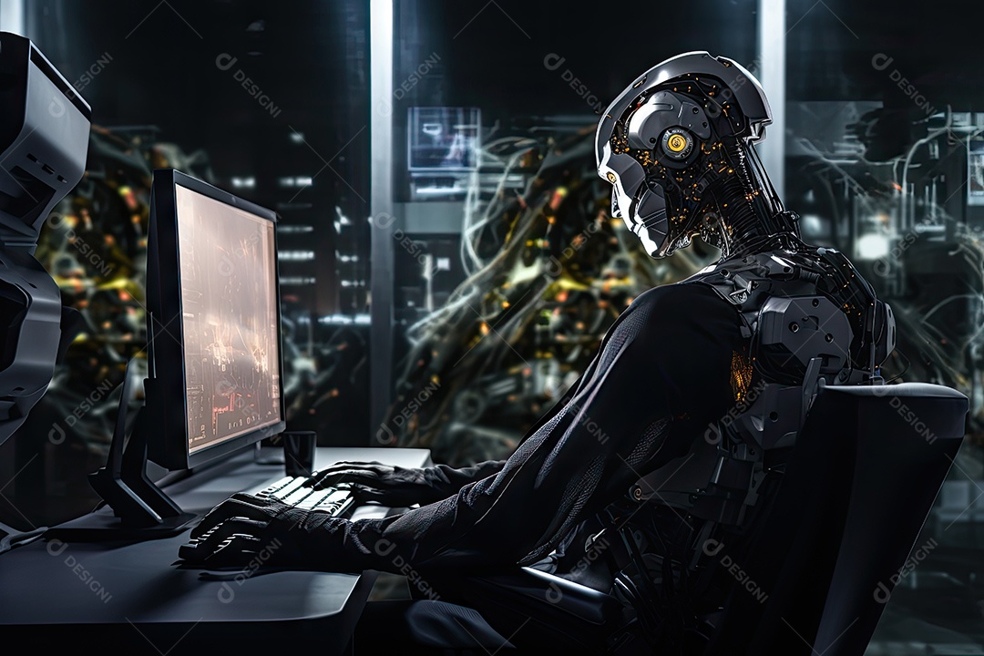 Robô sentado à mesa com um laptop na frente dele gerado por IA