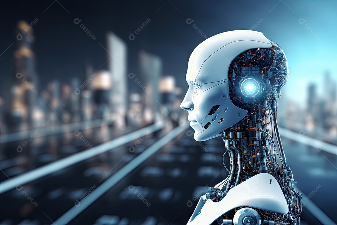 Robô sentado à mesa com um laptop na frente dele gerado por IA