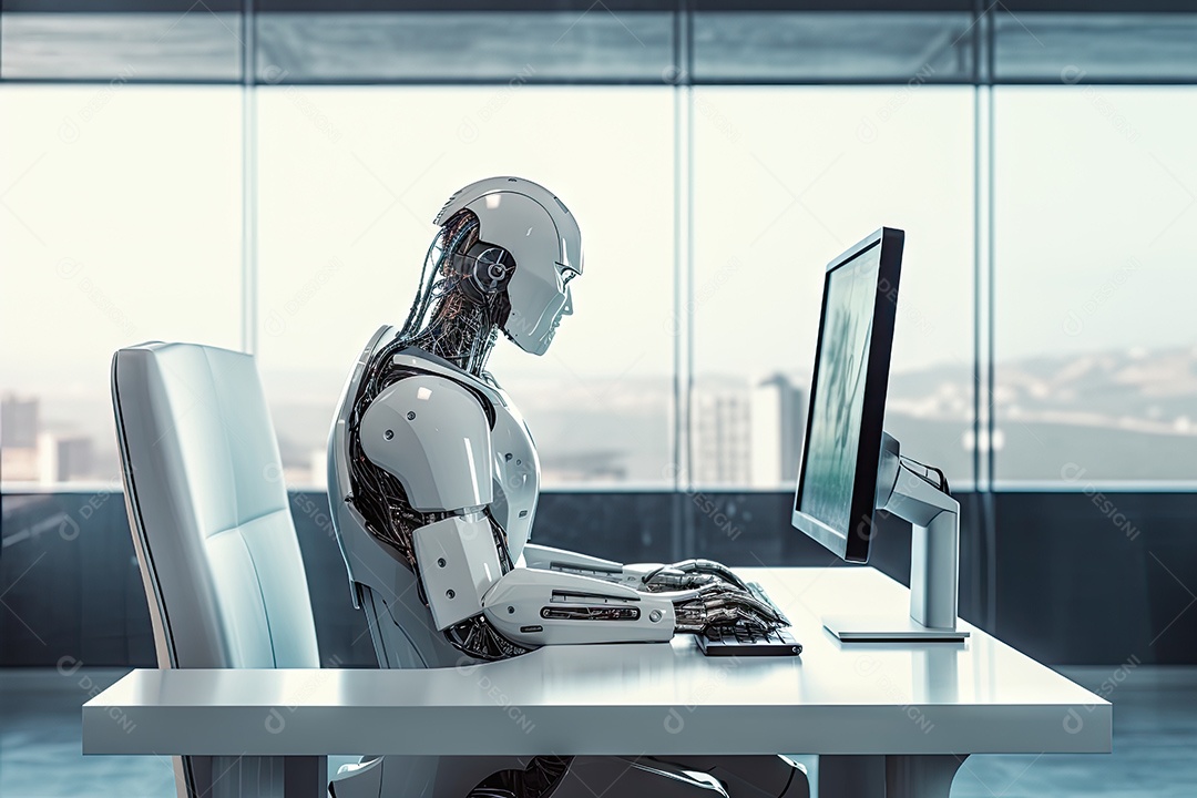 Robô sentado à mesa com um laptop na frente dele gerado por IA