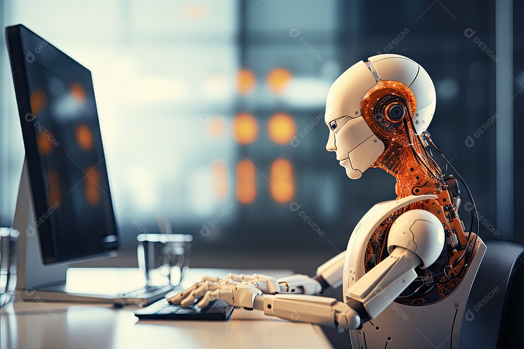 Robô sentado à mesa com um laptop na frente dele gerado por IA