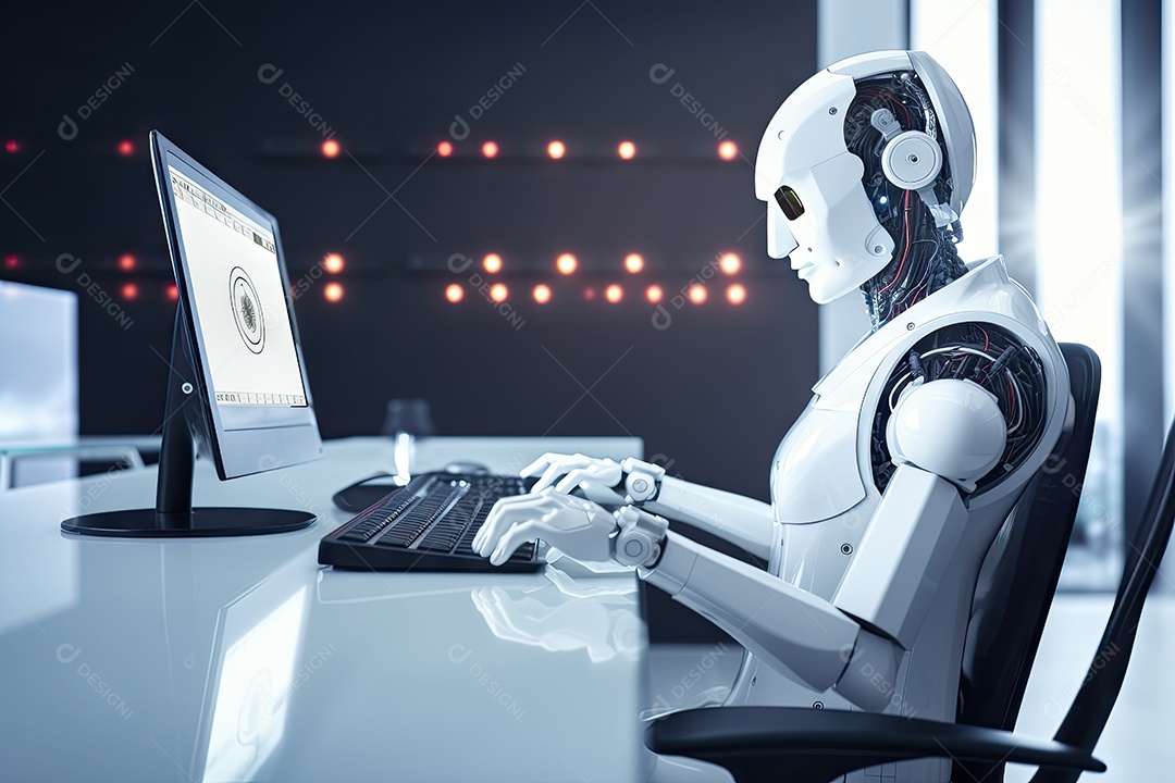 Robô sentado à mesa com um laptop na frente dele gerado por IA