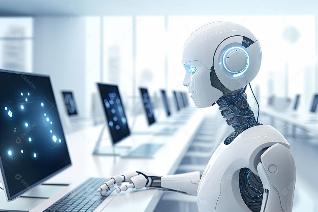 Robô sentado à mesa com um laptop na frente dele gerado por IA