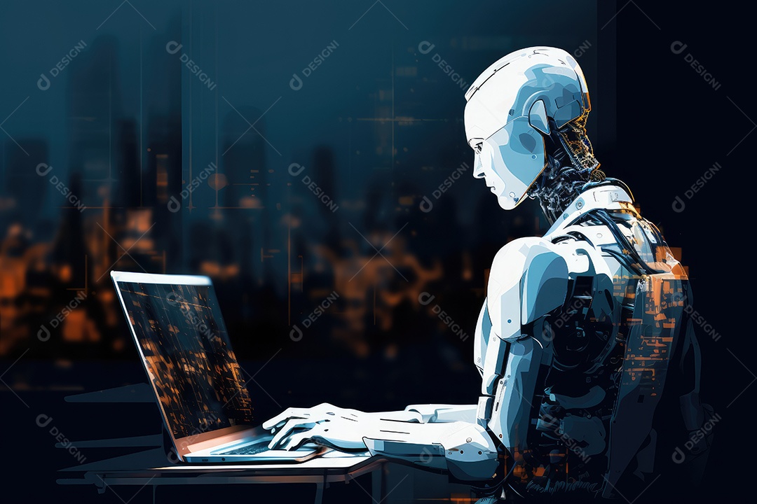 Robô sentado à mesa com um laptop na frente dele gerado por IA