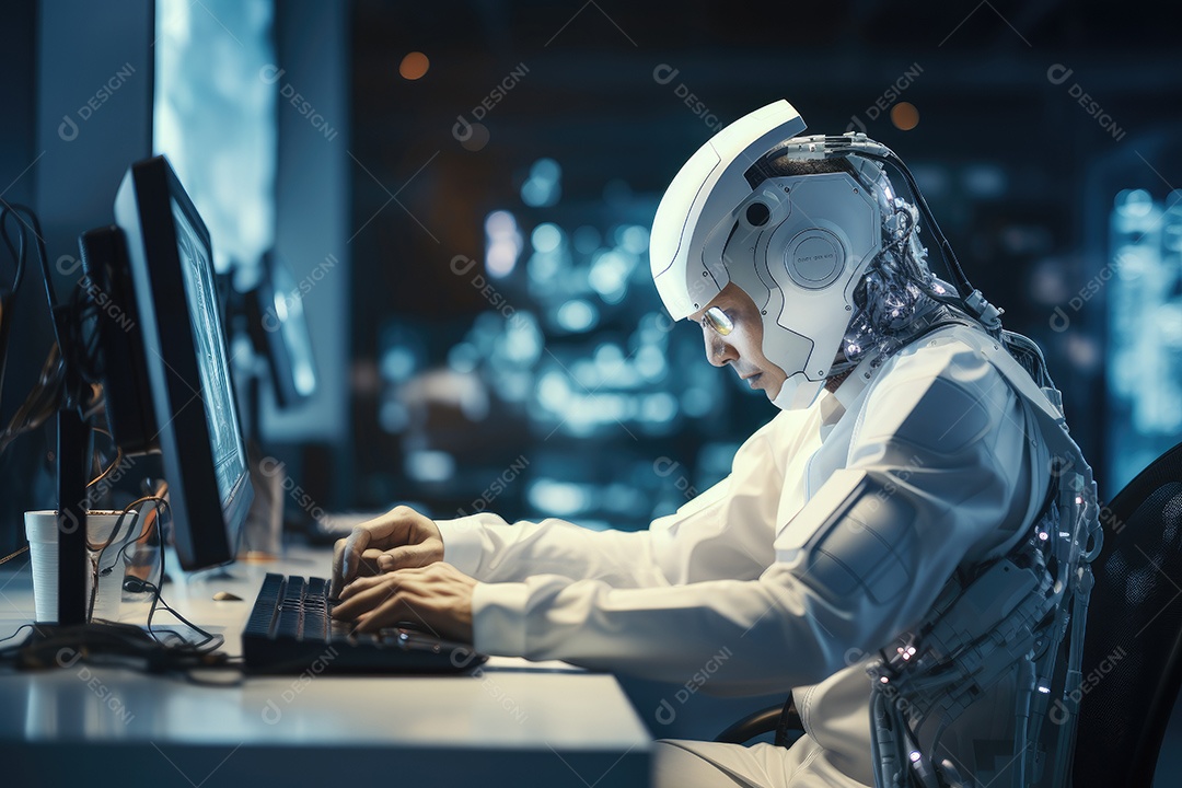 Robô sentado à mesa com um laptop na frente dele gerado por IA