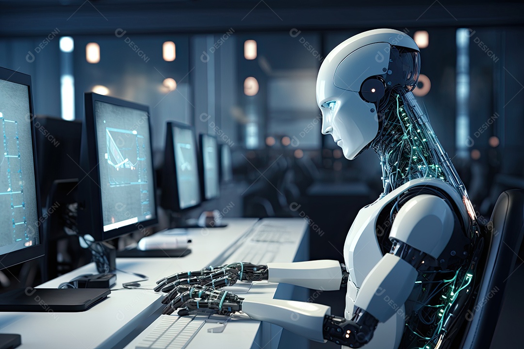 Robô sentado à mesa com um laptop na frente dele gerado por IA