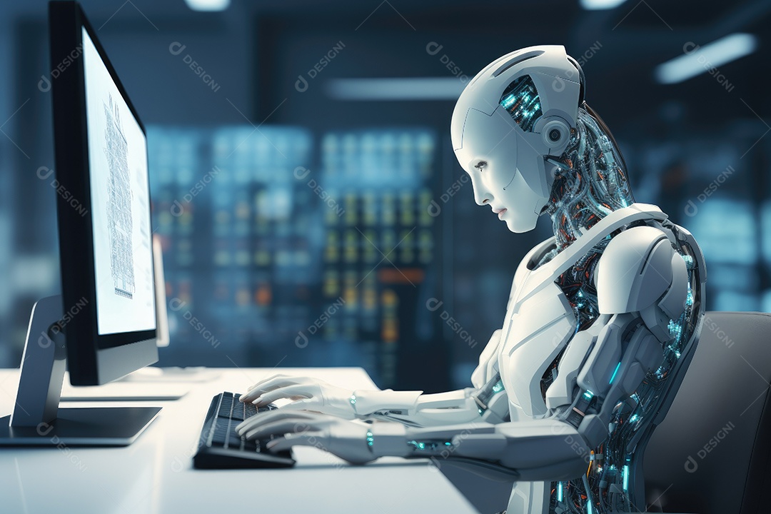 Robô sentado à mesa com um laptop na frente dele gerado por IA