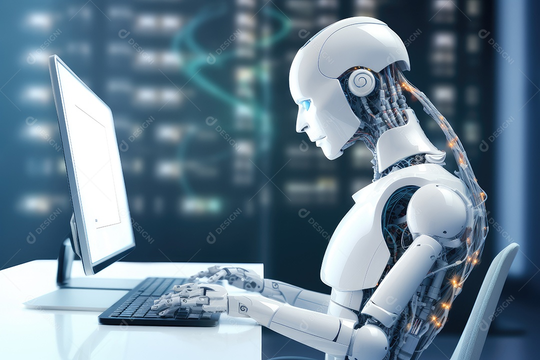 Robô sentado à mesa com um laptop na frente dele gerado por IA