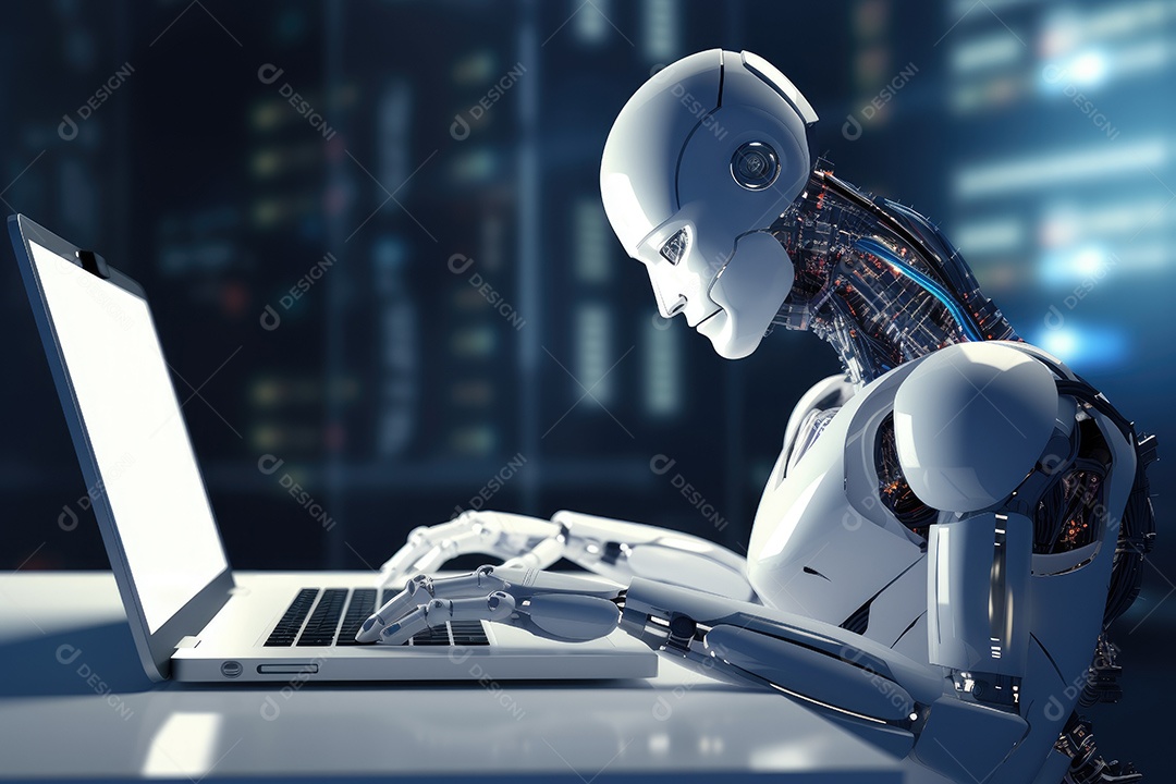 Robô sentado à mesa com um laptop na frente dele gerado por IA