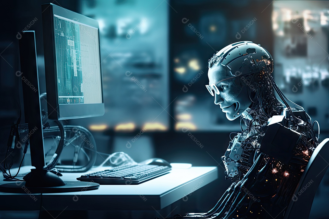 Robô sentado à mesa com um laptop na frente dele gerado por IA