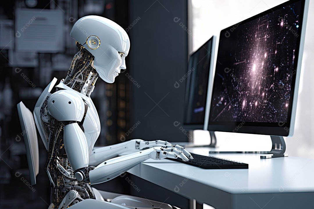 Robô sentado à mesa com um laptop na frente dele gerado por IA