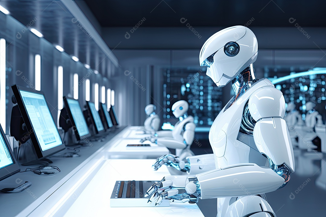 Robô sentado à mesa com um laptop na frente dele gerado por IA