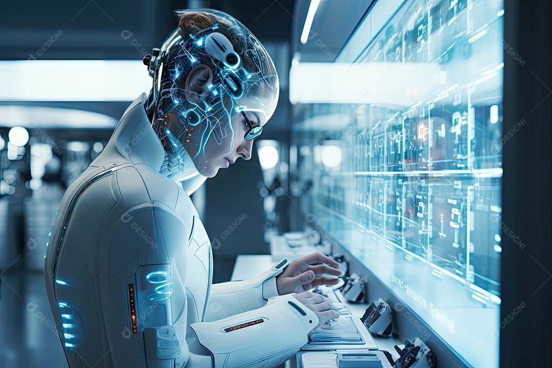 Robô sentado à mesa com um laptop na frente dele gerado por IA