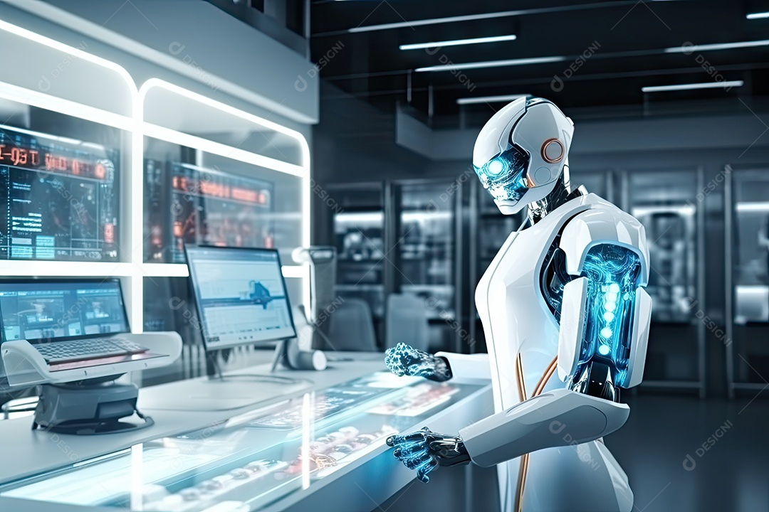 Robô sentado à mesa com um laptop na frente dele gerado por IA