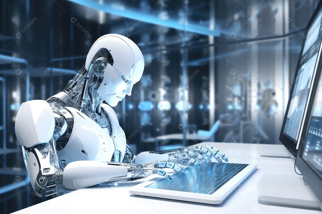 Robô sentado à mesa com um laptop na frente dele gerado por IA