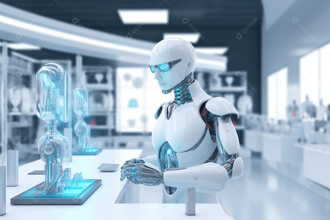 Robô sentado à mesa com um laptop na frente dele gerado por IA