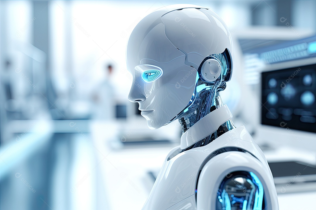 Robô sentado à mesa com um laptop na frente dele gerado por IA