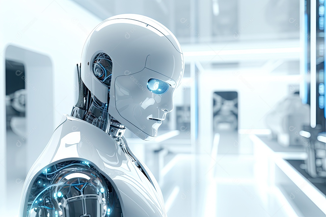 Robô sentado à mesa com um laptop na frente dele gerado por IA