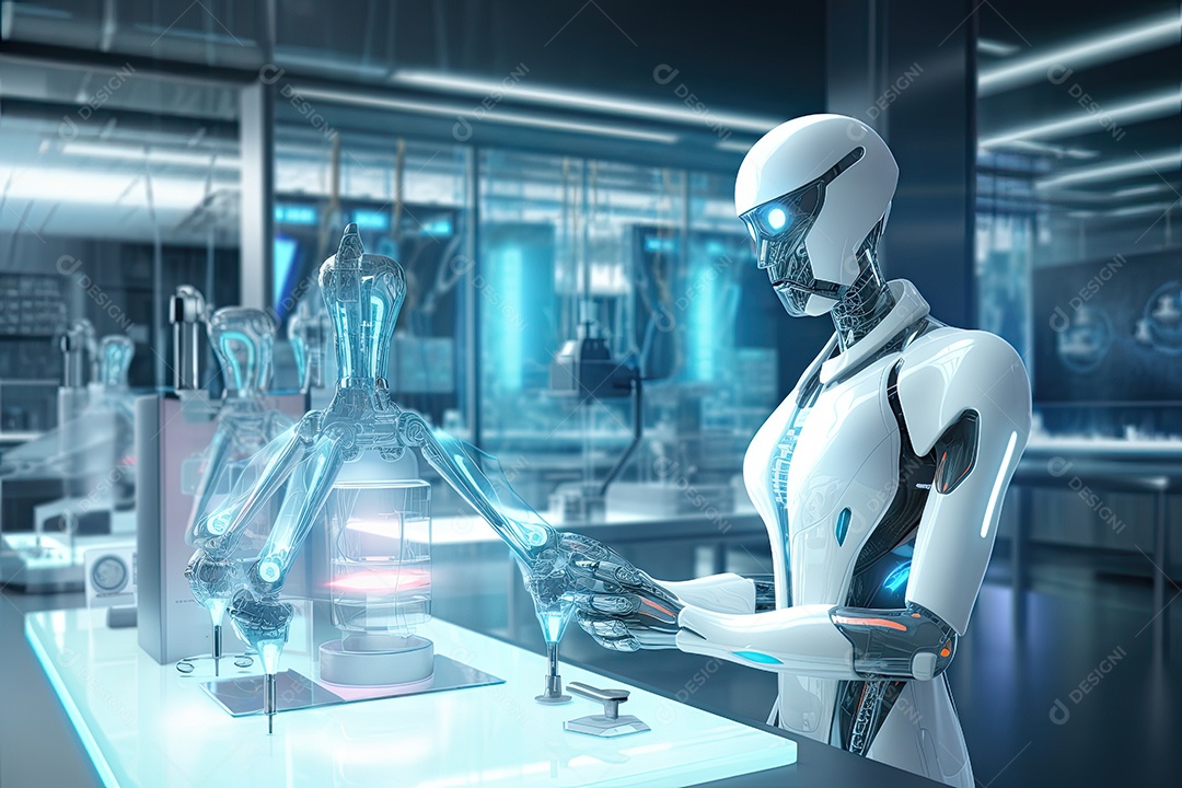 Robô sentado à mesa com um laptop na frente dele gerado por IA