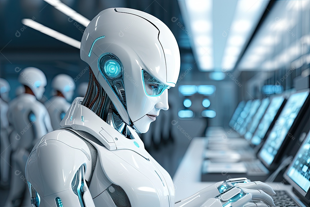 Robô sentado à mesa com um laptop na frente dele gerado por IA