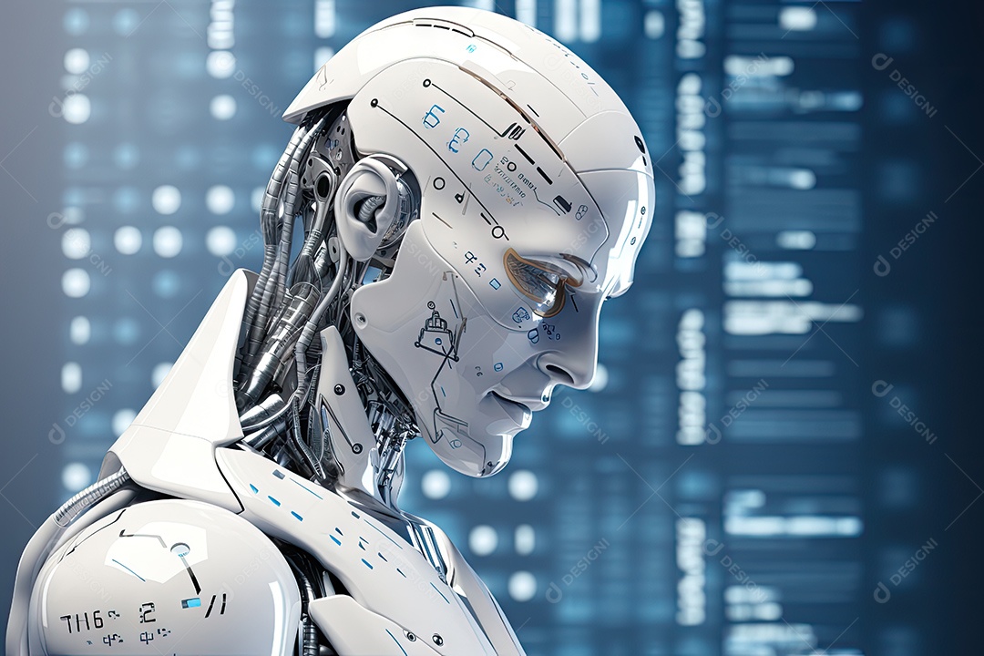 Robô sentado à mesa com um laptop na frente dele por Generative AI