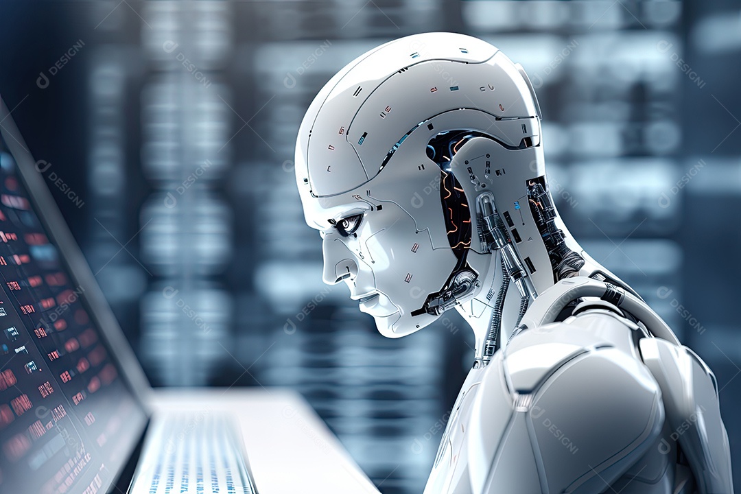 Robô sentado à mesa com um laptop na frente dele por Generative AI