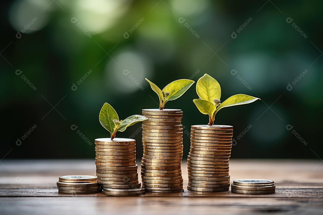 Gráfico crescente da pilha de moedas de dinheiro com bokeh