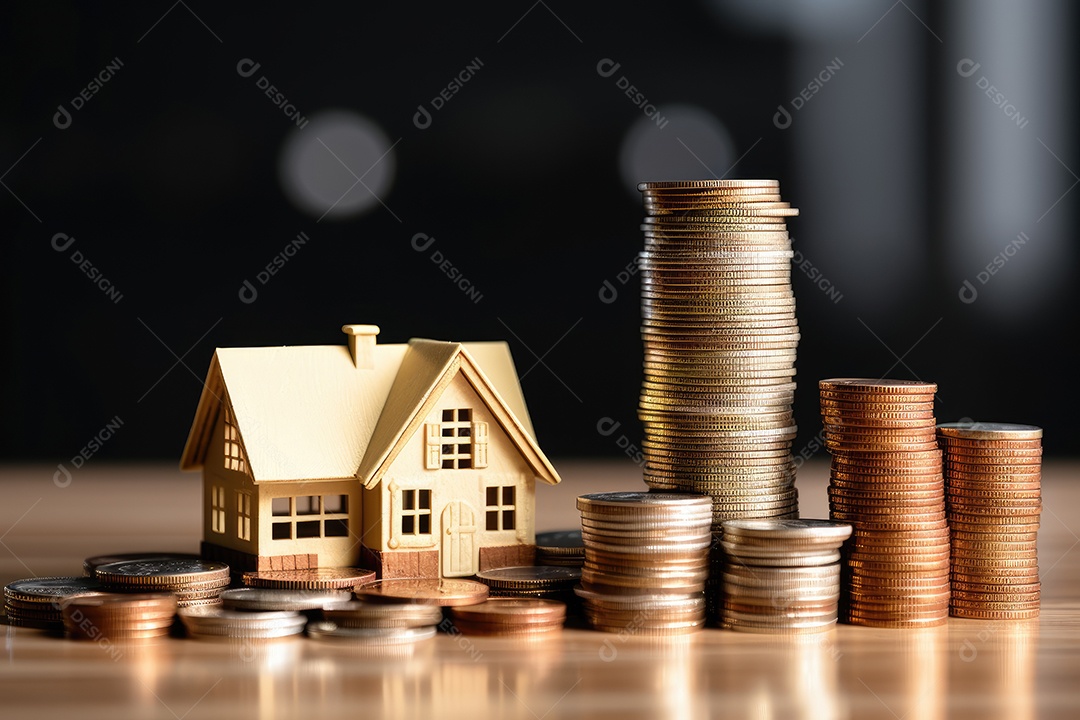 Pilha de moedas com imóvel sobre fundo desfocado