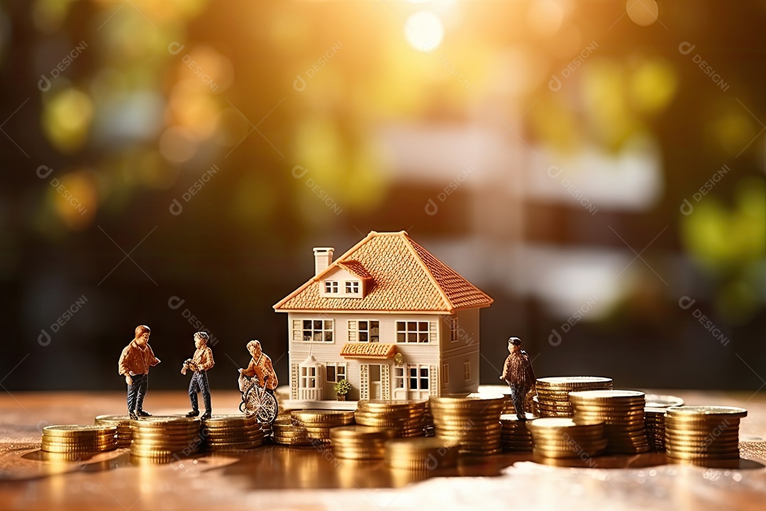 Pilha de moedas com imóvel sobre fundo desfocado