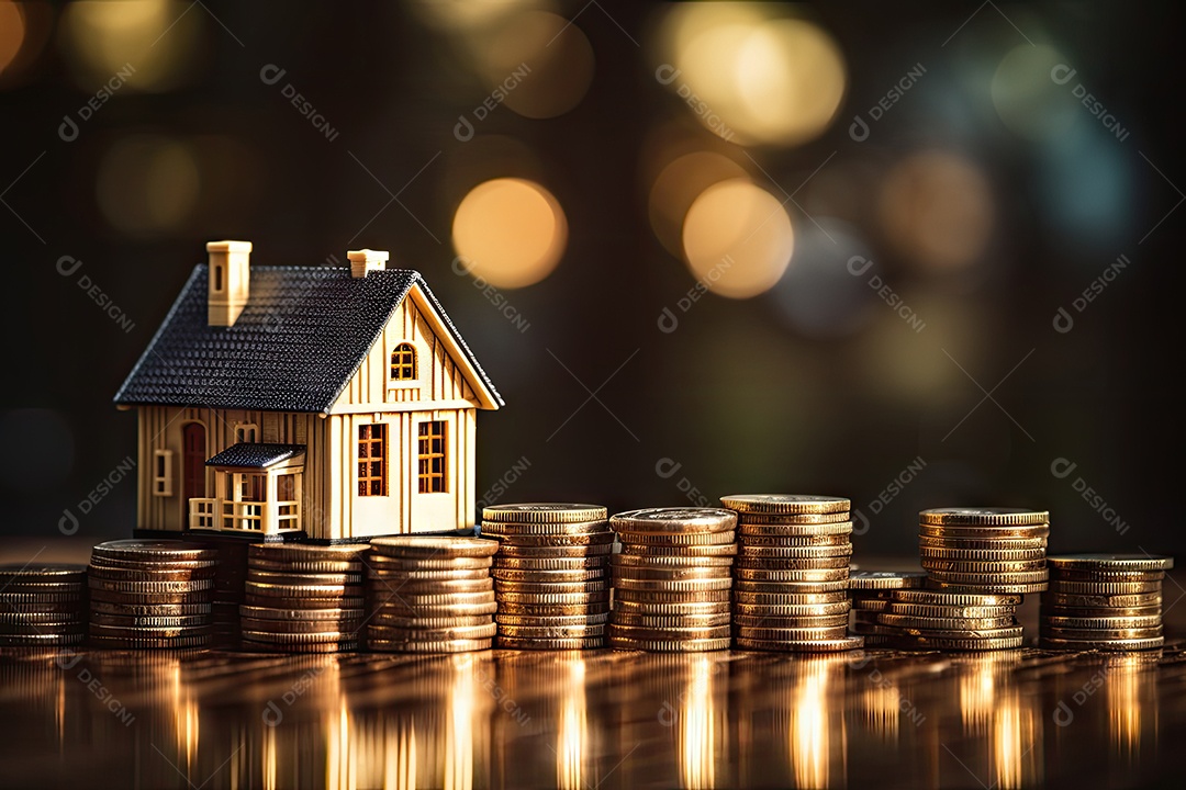 Pilha de moedas com imóvel sobre fundo desfocado