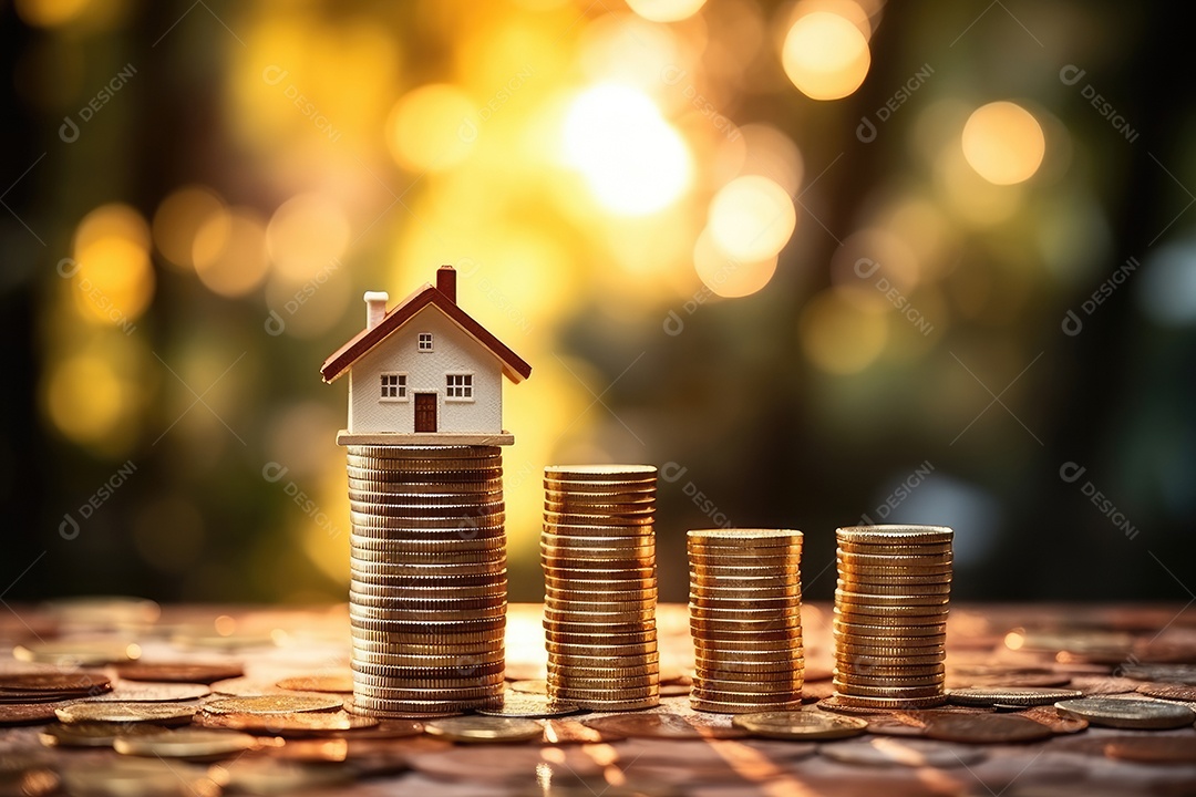 Pilha de moedas com imóvel sobre fundo desfocado
