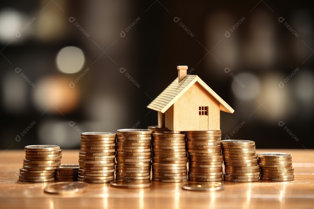 Pilha de moedas com imóvel sobre fundo desfocado