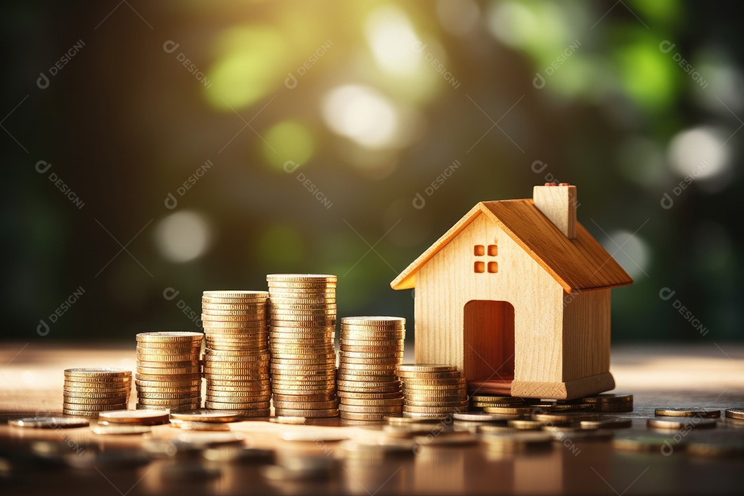 Pilha de moedas com imóvel sobre fundo desfocado