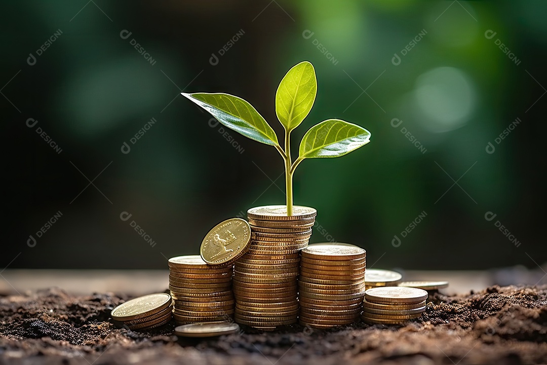 Pilha de moedas com imóvel sobre fundo desfocado