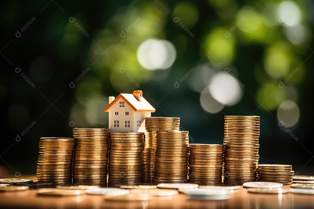 Pilha de moedas com imóvel sobre fundo desfocado