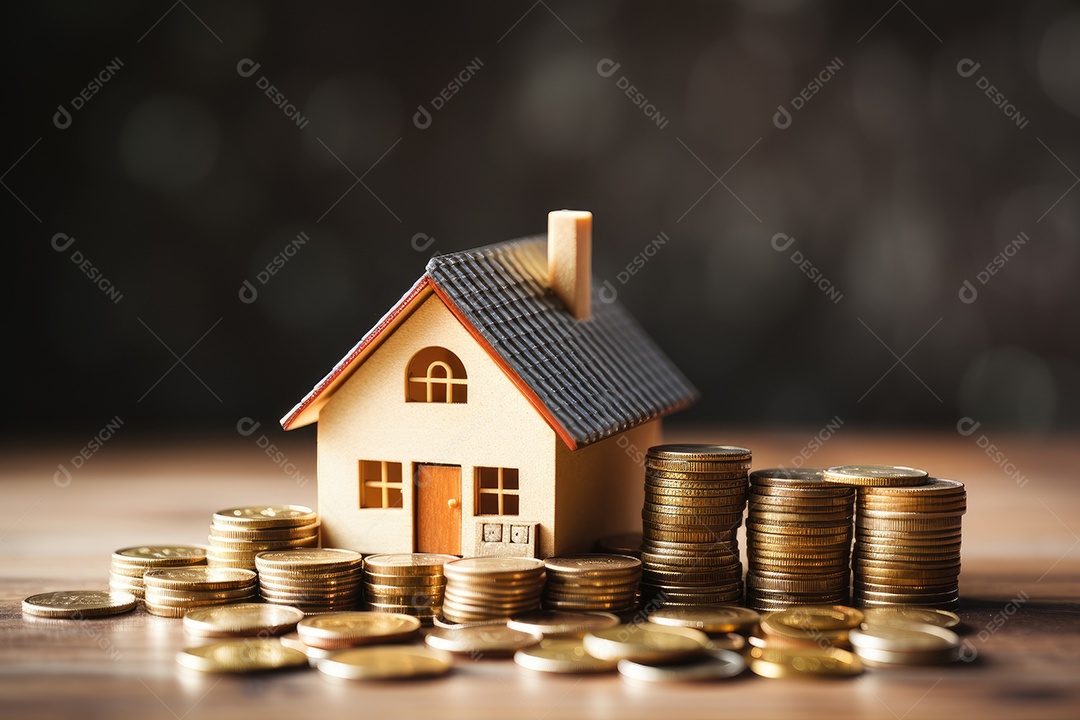 Casa modelo pequena com moedas conceito de compra e venda de casa gerado pela IA