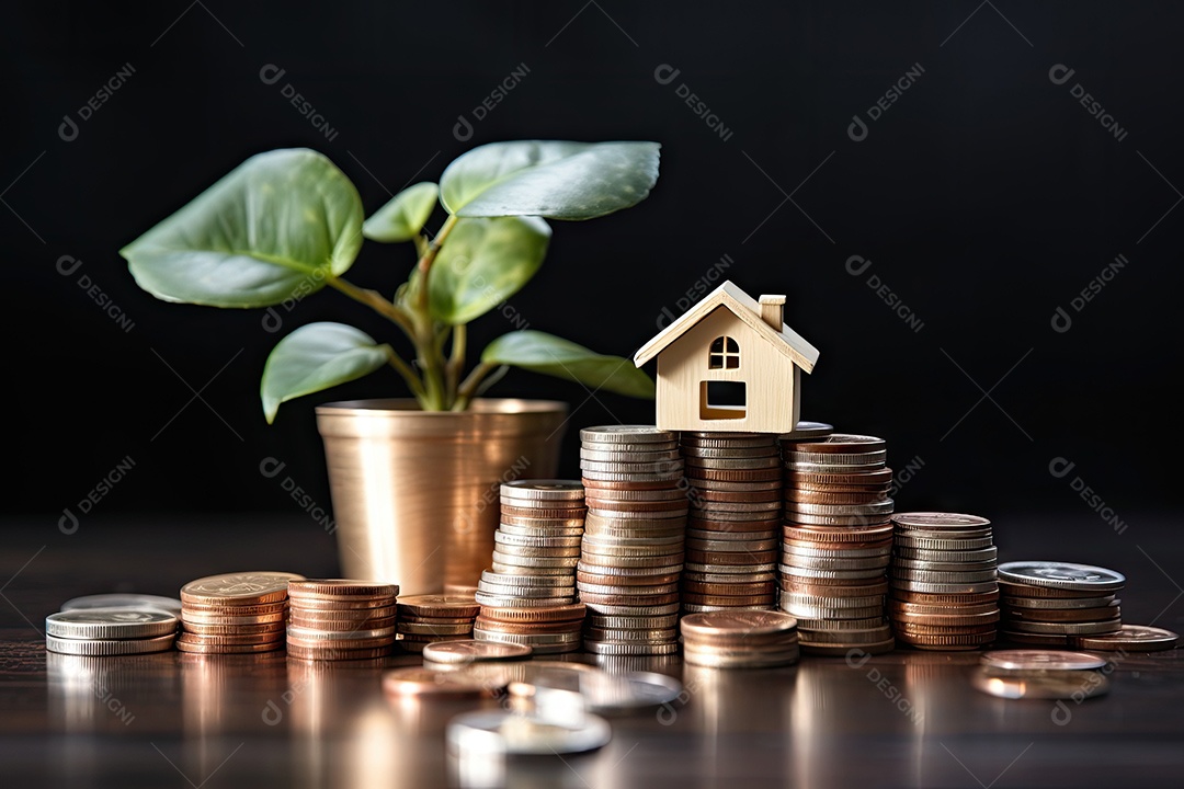 Casa modelo pequena com moedas conceito de compra e venda de casa gerado pela IA