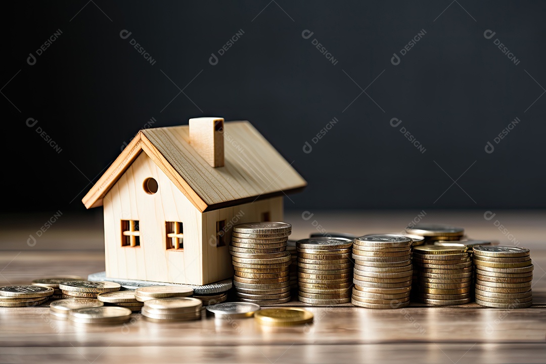 Casa modelo pequena com moedas conceito de compra e venda de casa gerado pela IA