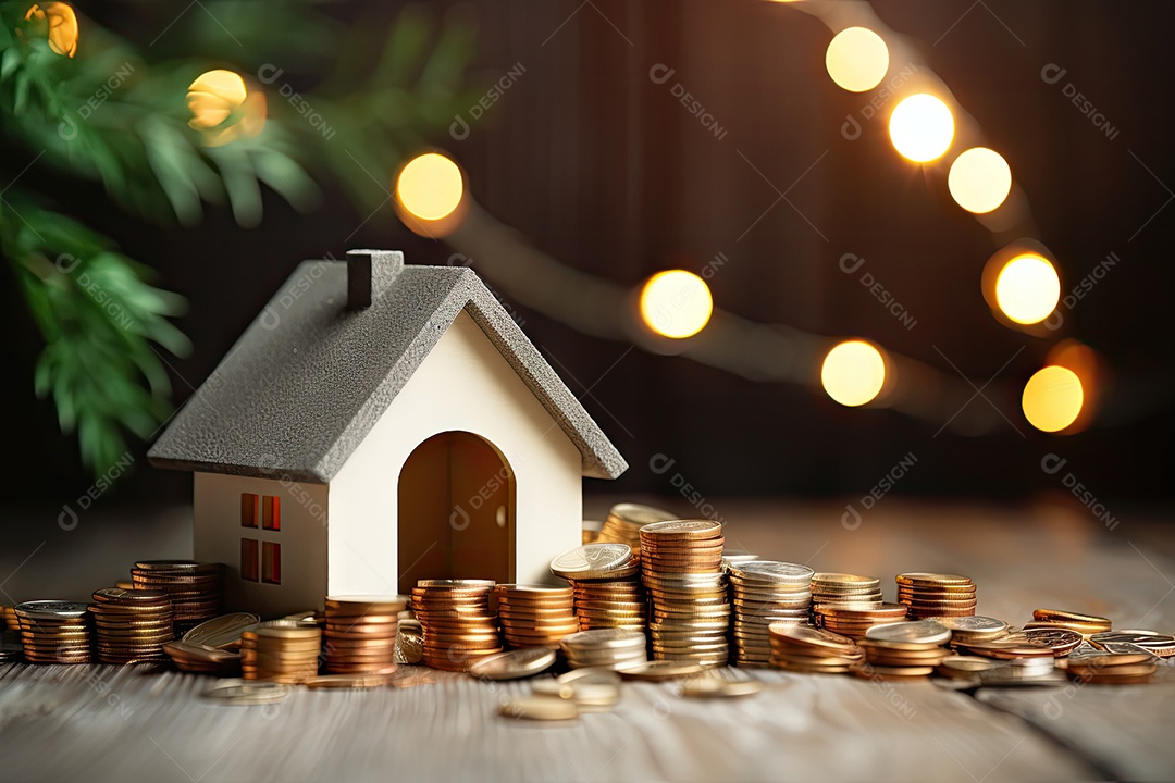 Casa modelo pequena com moedas conceito de compra e venda de casa gerado pela IA
