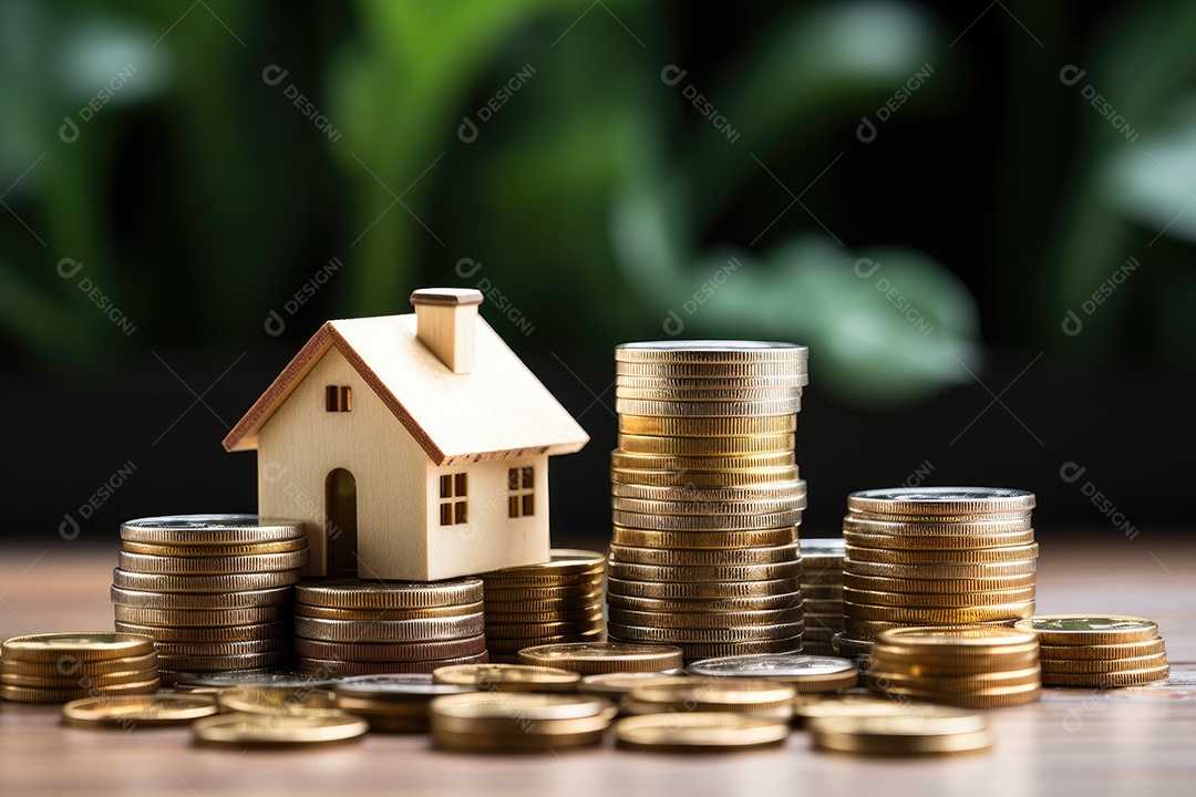 Casa modelo pequena com moedas conceito de compra e venda de casa gerado pela IA
