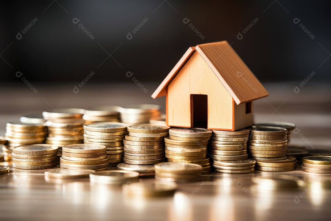 Casa modelo pequena com moedas conceito de compra e venda de casa gerado pela IA