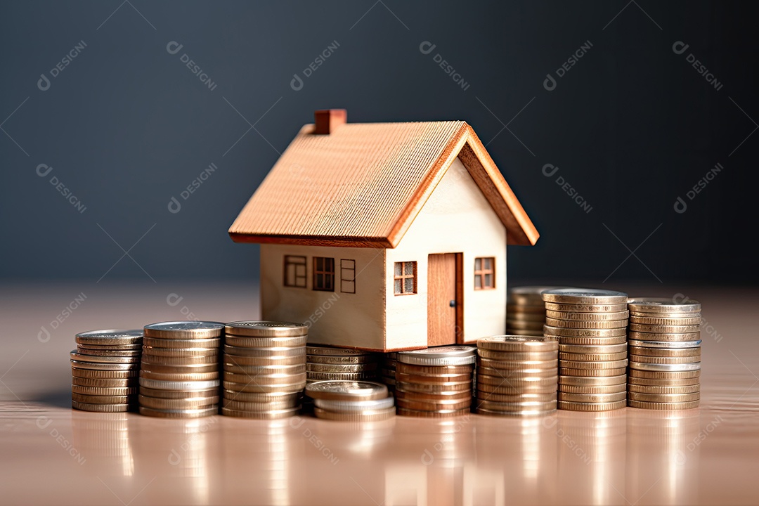 Casa modelo pequena com moedas conceito de compra e venda de casa gerado pela IA