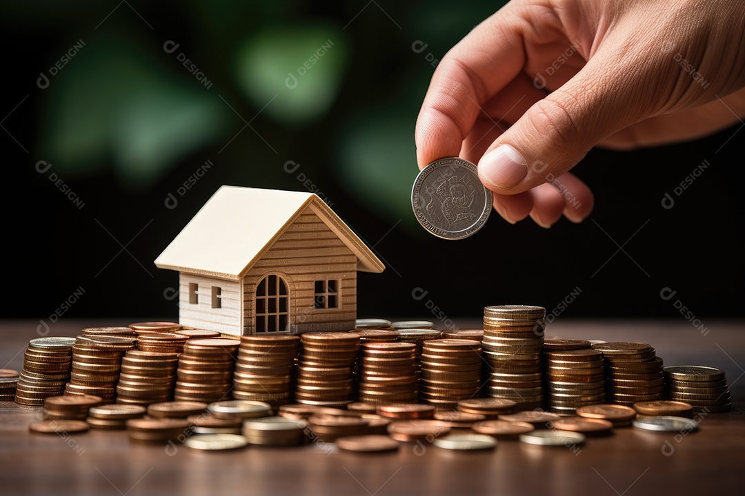 Casa modelo pequena com moedas conceito de compra e venda de casa gerado pela IA