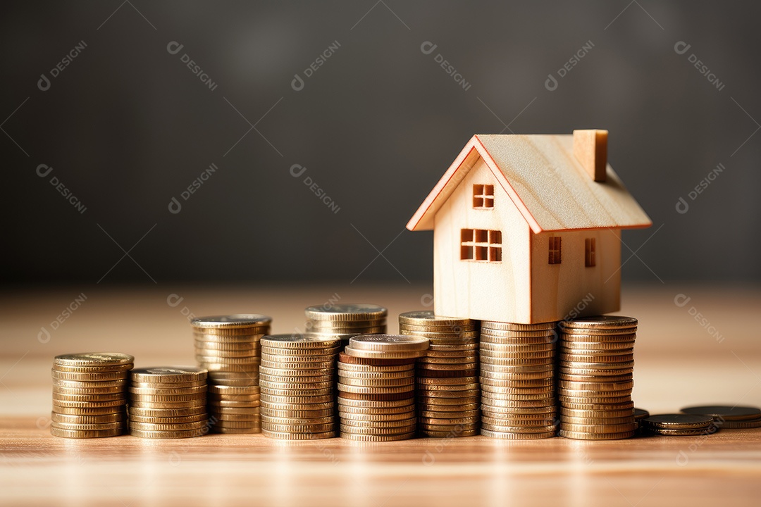 Casa modelo pequena com moedas conceito de compra e venda de casa gerado pela IA