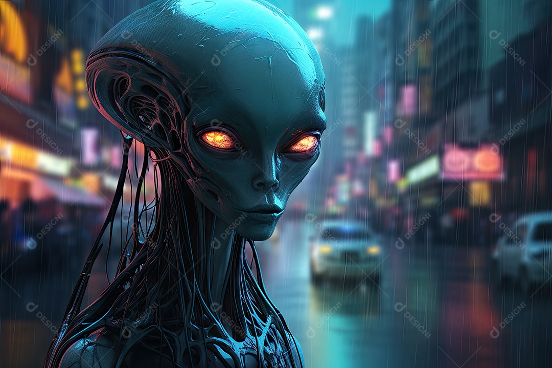 Alienígena nas ruas de uma grande cidade em uma noite enevoada gerado por IA