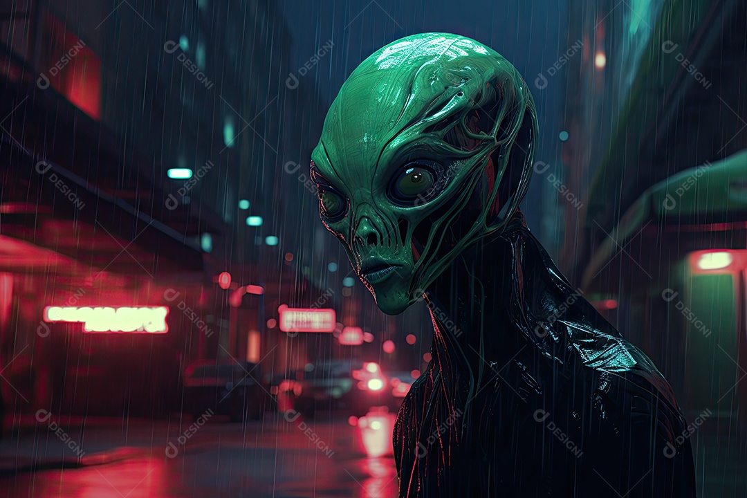 Alienígena nas ruas de uma grande cidade em uma noite enevoada gerado por IA