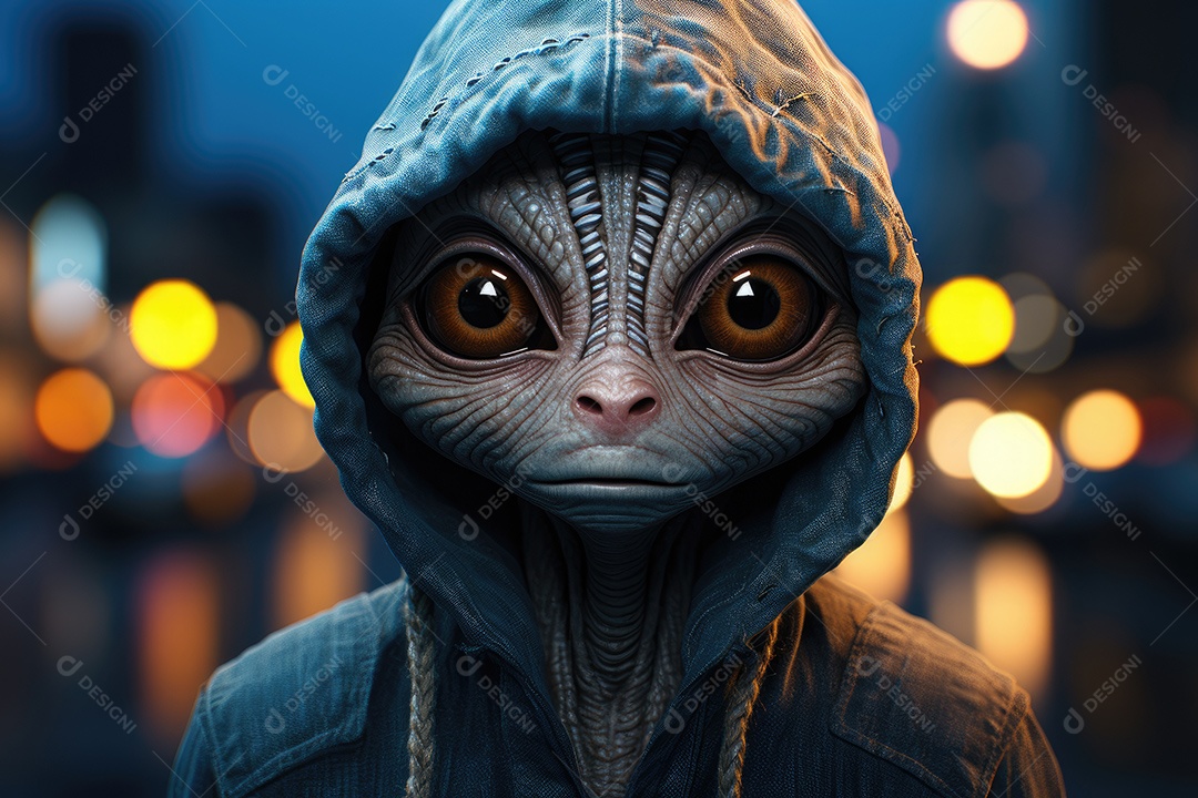 Alienígena nas ruas de uma grande cidade em uma noite enevoada gerado por IA