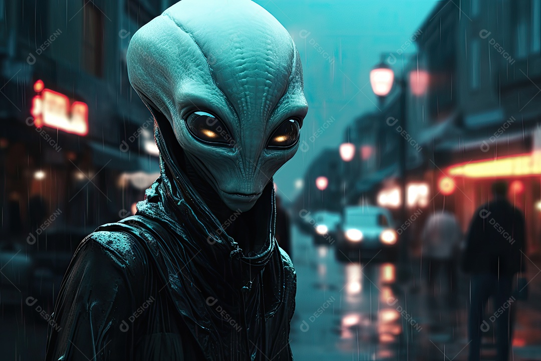 Alienígena nas ruas de uma grande cidade em uma noite enevoada gerado por IA